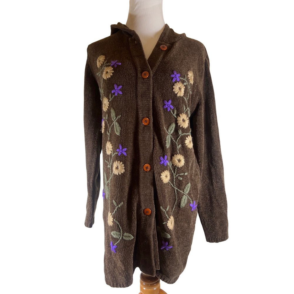 Denim &‎ Co. Brown Floral Embroidered Hooded Button Front Cardigan - Size Small